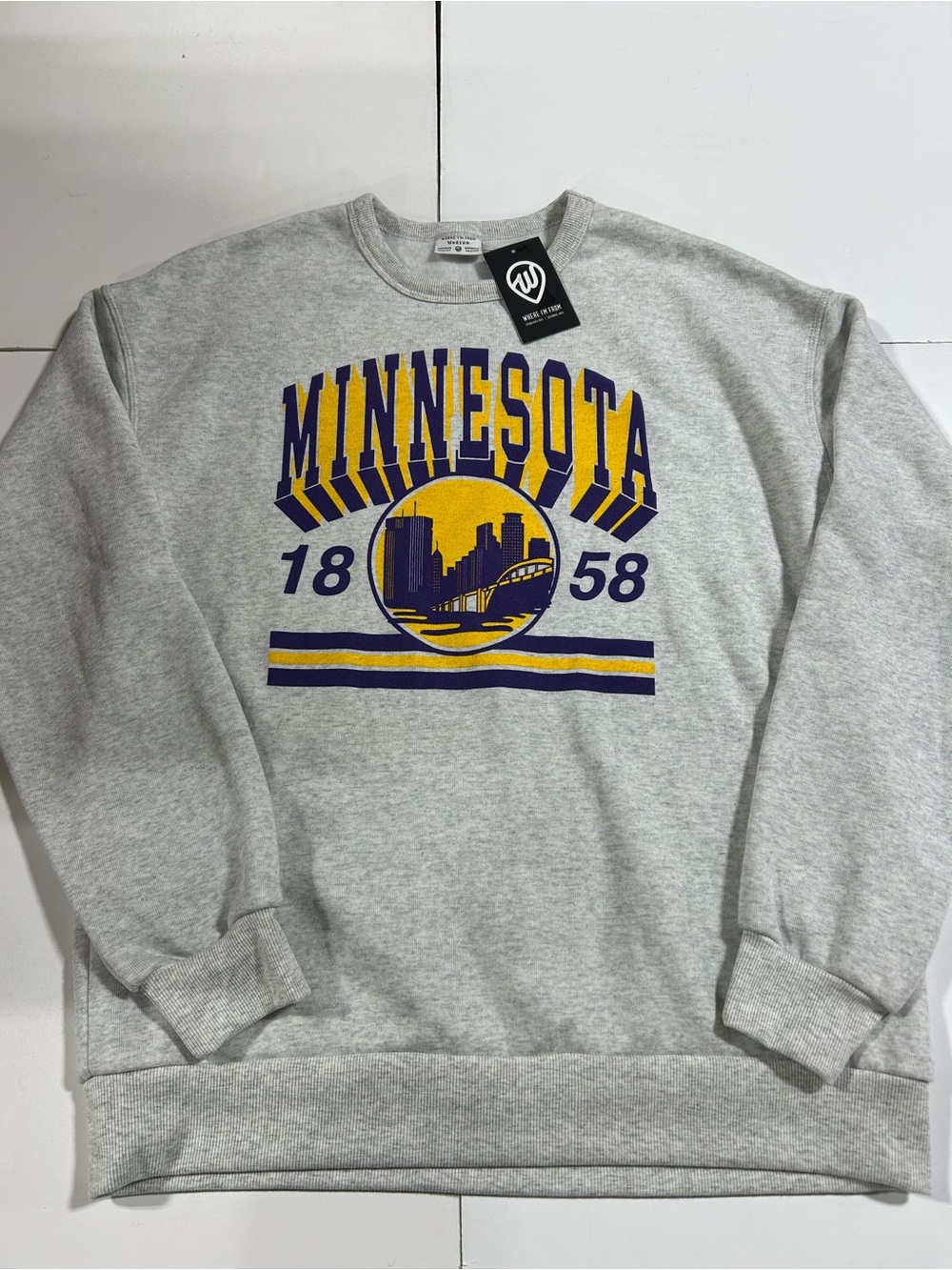 New! Minnesota 1858 Light Grey Crew Neck Sweatshirt
